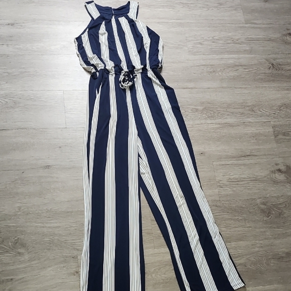 Enfocus Studio Navy and White Striped Halter Jumpsuit